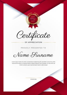 Takdir belgesi şablonu, altın ve kırmızı renk. Altın rozetli temiz modern sertifika. Lüks ve modern sınır şablonu sertifikası. Diploma vektör şablonu