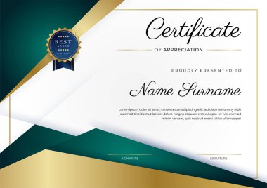 Takdir belgesi, altın ve siyah yeşil renk. Altın rozetli temiz modern sertifika. Lüks ve modern sınır şablonu sertifikası. Diploma vektör şablonu