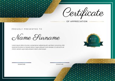 Takdir belgesi, altın ve siyah yeşil renk. Altın rozetli temiz modern sertifika. Lüks ve modern sınır şablonu sertifikası. Diploma vektör şablonu