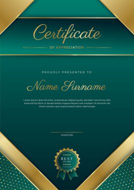 Takdir belgesi, altın ve siyah yeşil renk. Altın rozetli temiz modern sertifika. Lüks ve modern sınır şablonu sertifikası. Diploma vektör şablonu