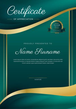 Takdir belgesi, altın ve siyah yeşil renk. Altın rozetli temiz modern sertifika. Lüks ve modern sınır şablonu sertifikası. Diploma vektör şablonu