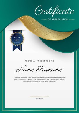 Takdir belgesi, altın ve siyah yeşil renk. Altın rozetli temiz modern sertifika. Lüks ve modern sınır şablonu sertifikası. Diploma vektör şablonu