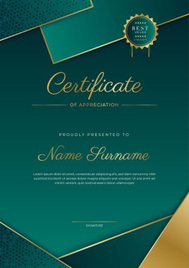Takdir belgesi, altın ve siyah yeşil renk. Altın rozetli temiz modern sertifika. Lüks ve modern sınır şablonu sertifikası. Diploma vektör şablonu