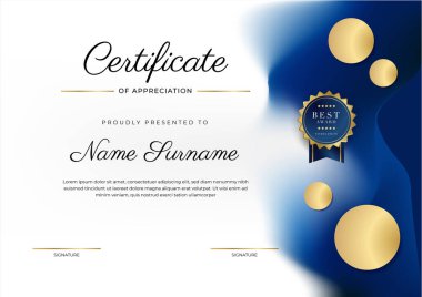 Takdir belgesi, altın ve mavi renk. Altın rozetli temiz modern sertifika. Lüks ve modern sınır şablonu sertifikası. Diploma vektör şablonu
