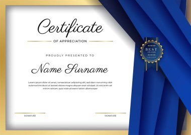 Takdir belgesi, altın ve mavi renk. Altın rozetli temiz modern sertifika. Lüks ve modern sınır şablonu sertifikası. Diploma vektör şablonu