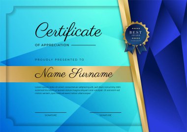 Takdir belgesi, altın ve mavi renk. Altın rozetli temiz modern sertifika. Lüks ve modern sınır şablonu sertifikası. Diploma vektör şablonu