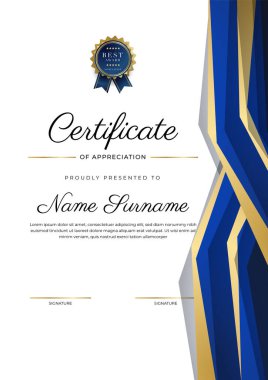 Takdir belgesi, altın ve mavi renk. Altın rozetli temiz modern sertifika. Lüks ve modern sınır şablonu sertifikası. Diploma vektör şablonu