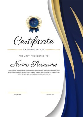Takdir belgesi, altın ve mavi renk. Altın rozetli temiz modern sertifika. Lüks ve modern sınır şablonu sertifikası. Diploma vektör şablonu