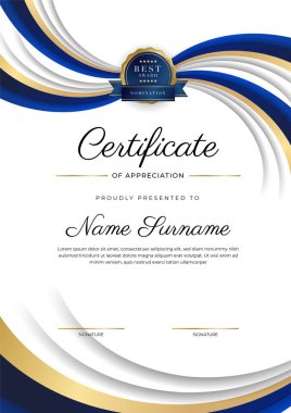 Takdir belgesi, altın ve mavi renk. Altın rozetli temiz modern sertifika. Lüks ve modern sınır şablonu sertifikası. Diploma vektör şablonu
