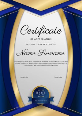 Takdir belgesi, altın ve mavi renk. Altın rozetli temiz modern sertifika. Lüks ve modern sınır şablonu sertifikası. Diploma vektör şablonu