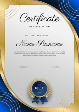 Takdir belgesi, altın ve mavi renk. Altın rozetli temiz modern sertifika. Lüks ve modern sınır şablonu sertifikası. Diploma vektör şablonu