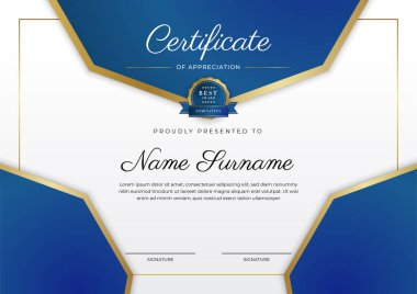 Takdir belgesi, altın ve mavi renk. Altın rozetli temiz modern sertifika. Lüks ve modern sınır şablonu sertifikası. Diploma vektör şablonu