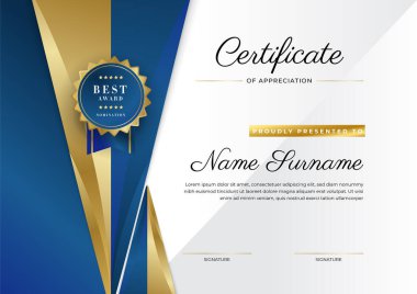 Takdir belgesi, altın ve mavi renk. Altın rozetli temiz modern sertifika. Lüks ve modern sınır şablonu sertifikası. Diploma vektör şablonu
