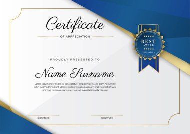 Takdir belgesi, altın ve mavi renk. Altın rozetli temiz modern sertifika. Lüks ve modern sınır şablonu sertifikası. Diploma vektör şablonu