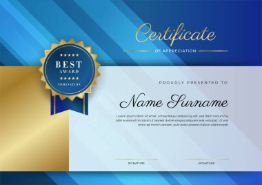 Takdir belgesi, altın ve mavi renk. Altın rozetli temiz modern sertifika. Lüks ve modern sınır şablonu sertifikası. Diploma vektör şablonu