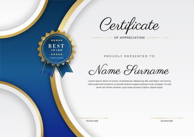 Takdir belgesi, altın ve mavi renk. Altın rozetli temiz modern sertifika. Lüks ve modern sınır şablonu sertifikası. Diploma vektör şablonu