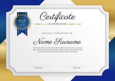 Takdir belgesi, altın ve mavi renk. Altın rozetli temiz modern sertifika. Lüks ve modern sınır şablonu sertifikası. Diploma vektör şablonu