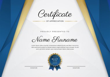 Takdir belgesi, altın ve mavi renk. Altın rozetli temiz modern sertifika. Lüks ve modern sınır şablonu sertifikası. Diploma vektör şablonu