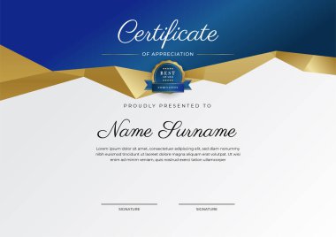Takdir belgesi, altın ve mavi renk. Altın rozetli temiz modern sertifika. Lüks ve modern sınır şablonu sertifikası. Diploma vektör şablonu