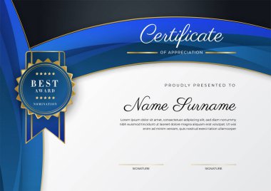 Takdir belgesi, altın ve mavi renk. Altın rozetli temiz modern sertifika. Lüks ve modern sınır şablonu sertifikası. Diploma vektör şablonu