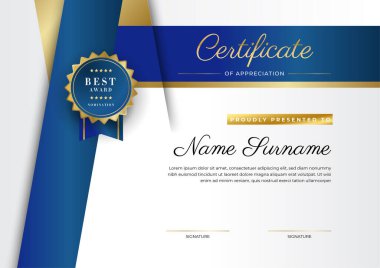 Takdir belgesi, altın ve mavi renk. Altın rozetli temiz modern sertifika. Lüks ve modern sınır şablonu sertifikası. Diploma vektör şablonu