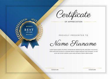 Takdir belgesi, altın ve mavi renk. Altın rozetli temiz modern sertifika. Lüks ve modern sınır şablonu sertifikası. Diploma vektör şablonu