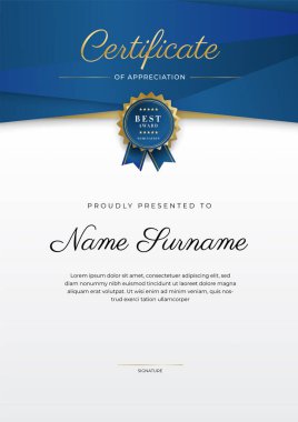 Takdir belgesi, altın ve mavi renk. Altın rozetli temiz modern sertifika. Lüks ve modern sınır şablonu sertifikası. Diploma vektör şablonu