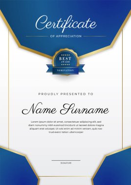 Takdir belgesi, altın ve mavi renk. Altın rozetli temiz modern sertifika. Lüks ve modern sınır şablonu sertifikası. Diploma vektör şablonu