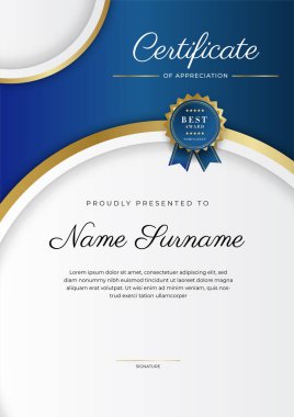 Takdir belgesi, altın ve mavi renk. Altın rozetli temiz modern sertifika. Lüks ve modern sınır şablonu sertifikası. Diploma vektör şablonu