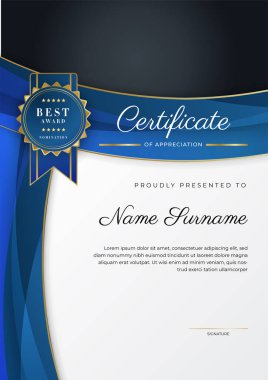 Takdir belgesi, altın ve mavi renk. Altın rozetli temiz modern sertifika. Lüks ve modern sınır şablonu sertifikası. Diploma vektör şablonu