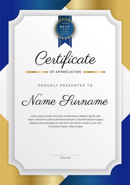 Takdir belgesi, altın ve mavi renk. Altın rozetli temiz modern sertifika. Lüks ve modern sınır şablonu sertifikası. Diploma vektör şablonu