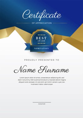 Takdir belgesi, altın ve mavi renk. Altın rozetli temiz modern sertifika. Lüks ve modern sınır şablonu sertifikası. Diploma vektör şablonu
