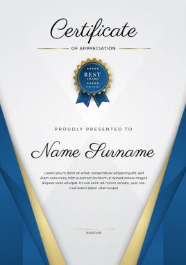 Takdir belgesi, altın ve mavi renk. Altın rozetli temiz modern sertifika. Lüks ve modern sınır şablonu sertifikası. Diploma vektör şablonu