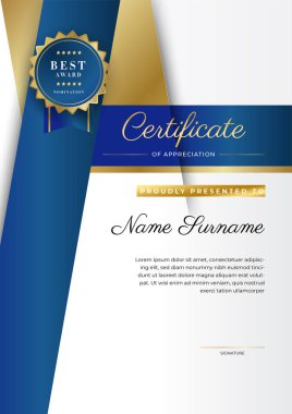 Takdir belgesi, altın ve mavi renk. Altın rozetli temiz modern sertifika. Lüks ve modern sınır şablonu sertifikası. Diploma vektör şablonu
