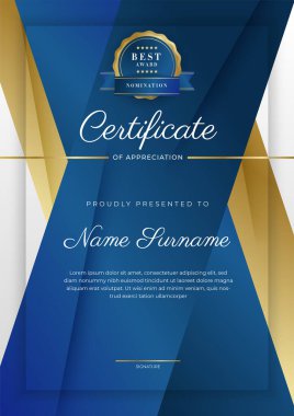 Takdir belgesi, altın ve mavi renk. Altın rozetli temiz modern sertifika. Lüks ve modern sınır şablonu sertifikası. Diploma vektör şablonu