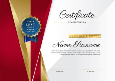 Takdir belgesi şablonu, altın ve kırmızı renk. Altın rozetli temiz modern sertifika. Lüks ve modern sınır şablonu sertifikası. Diploma vektör şablonu