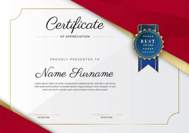 Takdir belgesi şablonu, altın ve kırmızı renk. Altın rozetli temiz modern sertifika. Lüks ve modern sınır şablonu sertifikası. Diploma vektör şablonu