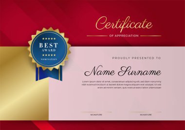 Takdir belgesi şablonu, altın ve kırmızı renk. Altın rozetli temiz modern sertifika. Lüks ve modern sınır şablonu sertifikası. Diploma vektör şablonu