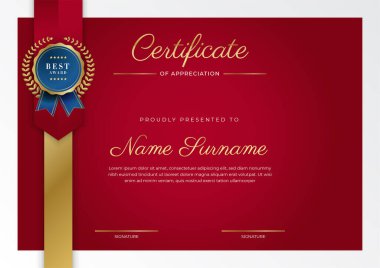 Takdir belgesi şablonu, altın ve kırmızı renk. Altın rozetli temiz modern sertifika. Lüks ve modern sınır şablonu sertifikası. Diploma vektör şablonu