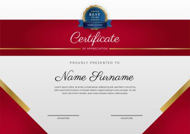 Takdir belgesi şablonu, altın ve kırmızı renk. Altın rozetli temiz modern sertifika. Lüks ve modern sınır şablonu sertifikası. Diploma vektör şablonu