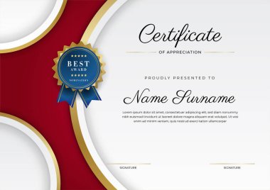Takdir belgesi şablonu, altın ve kırmızı renk. Altın rozetli temiz modern sertifika. Lüks ve modern sınır şablonu sertifikası. Diploma vektör şablonu