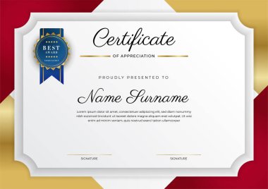 Takdir belgesi şablonu, altın ve kırmızı renk. Altın rozetli temiz modern sertifika. Lüks ve modern sınır şablonu sertifikası. Diploma vektör şablonu