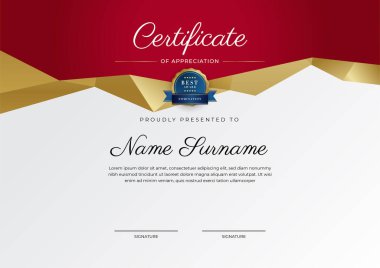 Takdir belgesi şablonu, altın ve kırmızı renk. Altın rozetli temiz modern sertifika. Lüks ve modern sınır şablonu sertifikası. Diploma vektör şablonu