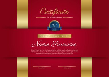 Takdir belgesi şablonu, altın ve kırmızı renk. Altın rozetli temiz modern sertifika. Lüks ve modern sınır şablonu sertifikası. Diploma vektör şablonu