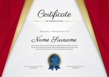 Takdir belgesi şablonu, altın ve kırmızı renk. Altın rozetli temiz modern sertifika. Lüks ve modern sınır şablonu sertifikası. Diploma vektör şablonu