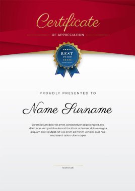 Takdir belgesi şablonu, altın ve kırmızı renk. Altın rozetli temiz modern sertifika. Lüks ve modern sınır şablonu sertifikası. Diploma vektör şablonu