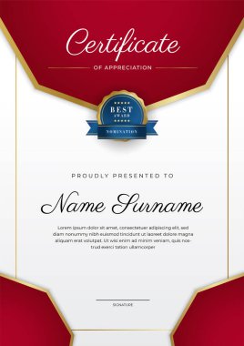 Takdir belgesi şablonu, altın ve kırmızı renk. Altın rozetli temiz modern sertifika. Lüks ve modern sınır şablonu sertifikası. Diploma vektör şablonu