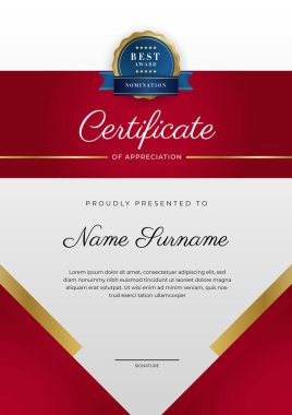 Takdir belgesi şablonu, altın ve kırmızı renk. Altın rozetli temiz modern sertifika. Lüks ve modern sınır şablonu sertifikası. Diploma vektör şablonu