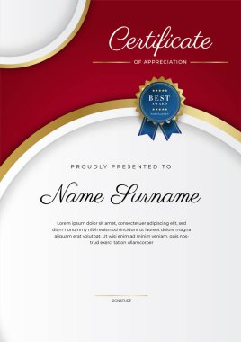 Takdir belgesi şablonu, altın ve kırmızı renk. Altın rozetli temiz modern sertifika. Lüks ve modern sınır şablonu sertifikası. Diploma vektör şablonu