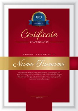 Takdir belgesi şablonu, altın ve kırmızı renk. Altın rozetli temiz modern sertifika. Lüks ve modern sınır şablonu sertifikası. Diploma vektör şablonu